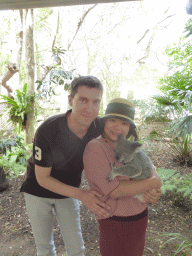 Tim and Miaomiao with a Koala during the Koala Cuddling at the Lone Pine Koala Sanctuary
