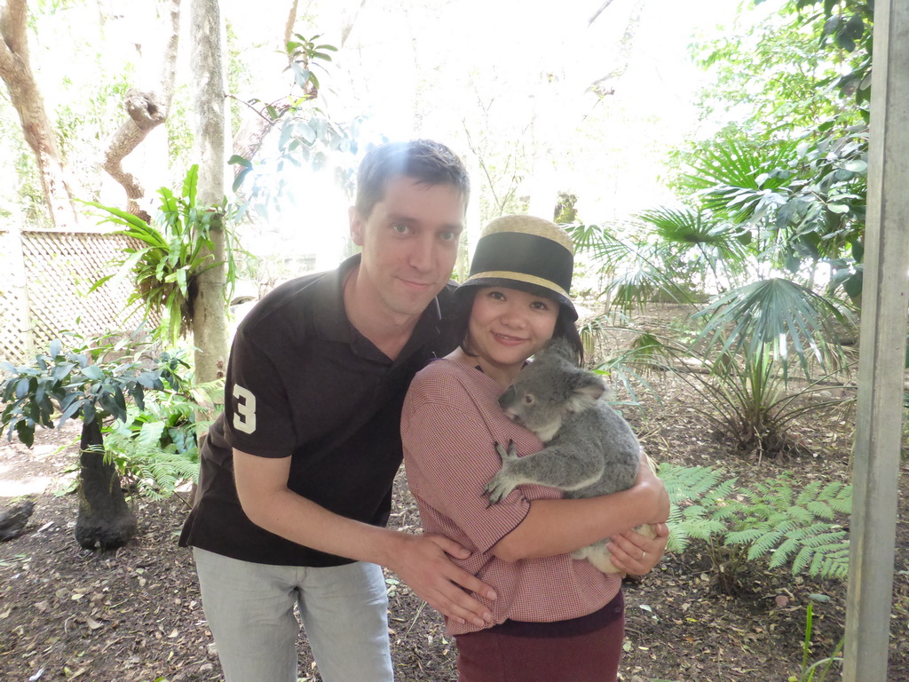 Tim and Miaomiao with a Koala during the Koala Cuddling at the Lone Pine Koala Sanctuary