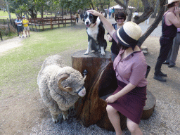 Miaomiao with sheep and dog during the Sheep Shearing Show at the Lone Pine Koala Sanctuary