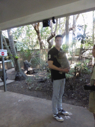 Tim and the zoo keeper with a Koala during the Koala Cuddling at the Lone Pine Koala Sanctuary
