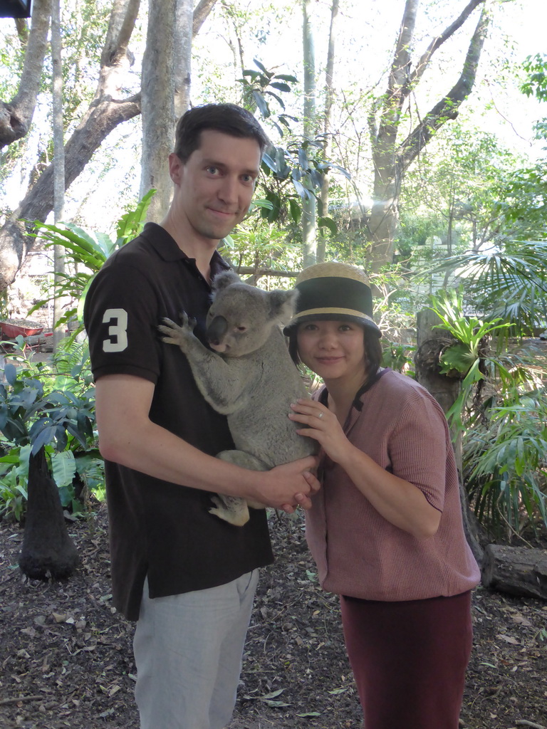 Tim and Miaomiao with a Koala during the Koala Cuddling at the Lone Pine Koala Sanctuary