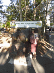 Miaomiao with photo and Koala statue at the parking place of the Lone Pine Koala Sanctuary