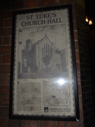 Information on St. Luke`s Church Hall, at the Pancake Manor restaurant at Charlotte Street, st sunset