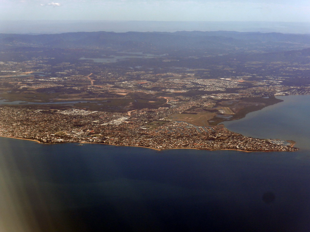 The towns of Scarborough, Newport and Redcliffe, and the Hays Inlet Conservation Park, viewed from the airplane to Cairns