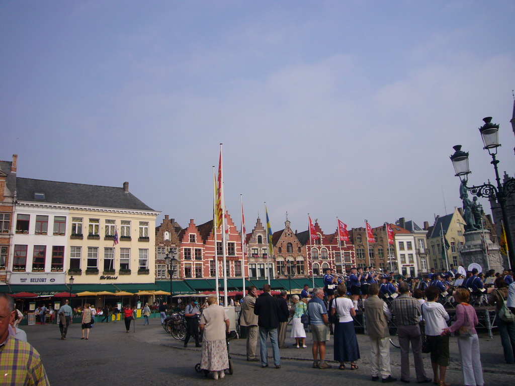 The Markt square with restaurants and the Statue of Jan Breydel and Pieter de Coninck