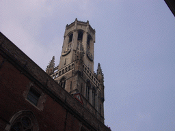 Top of the Belfort tower, viewed from the Wollestraat street