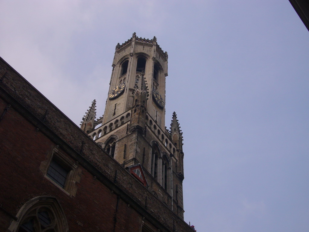 Top of the Belfort tower, viewed from the Wollestraat street