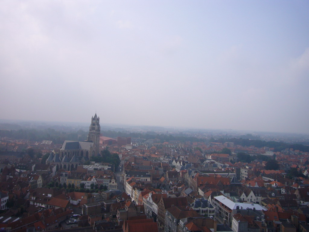 The southwest side of the city with the St. Salvator`s Cathedral and the Steenstraat street, viewed from the top floor of the Belfort tower