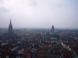 The south side of the city with the Church of Our Lady, the St. Salvator`s Cathedral and the Steenstraat street, viewed from the top floor of the Belfort tower