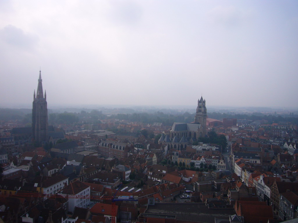 The south side of the city with the Church of Our Lady, the St. Salvator`s Cathedral and the Steenstraat street, viewed from the top floor of the Belfort tower