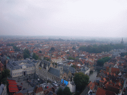 The southeast side of the city with the Burg square with the City Hall and the Palace of the Liberty of Bruges, the Dijver canal, the Koningin Astridpark and the Holy Maria Magdalena and Holy Catharina Church, viewed from the top floor of the Belfort tower