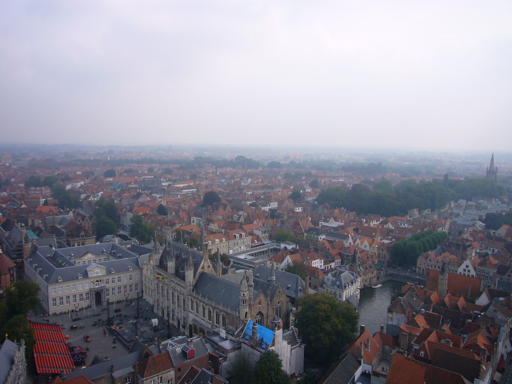 The southeast side of the city with the Burg square with the City Hall and the Palace of the Liberty of Bruges, the Dijver canal, the Koningin Astridpark and the Holy Maria Magdalena and Holy Catharina Church, viewed from the top floor of the Belfort tower