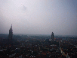 The south side of the city with the Church of Our Lady, the St. Salvator`s Cathedral and the Steenstraat street, viewed from the top floor of the Belfort tower