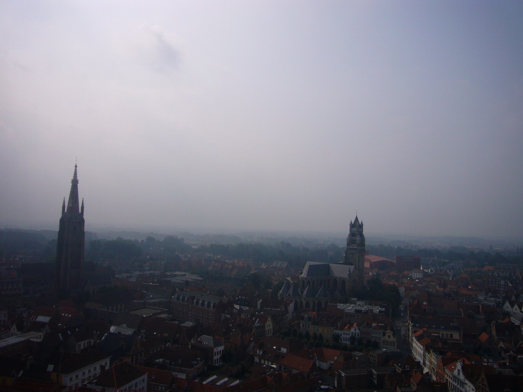 The south side of the city with the Church of Our Lady, the St. Salvator`s Cathedral and the Steenstraat street, viewed from the top floor of the Belfort tower