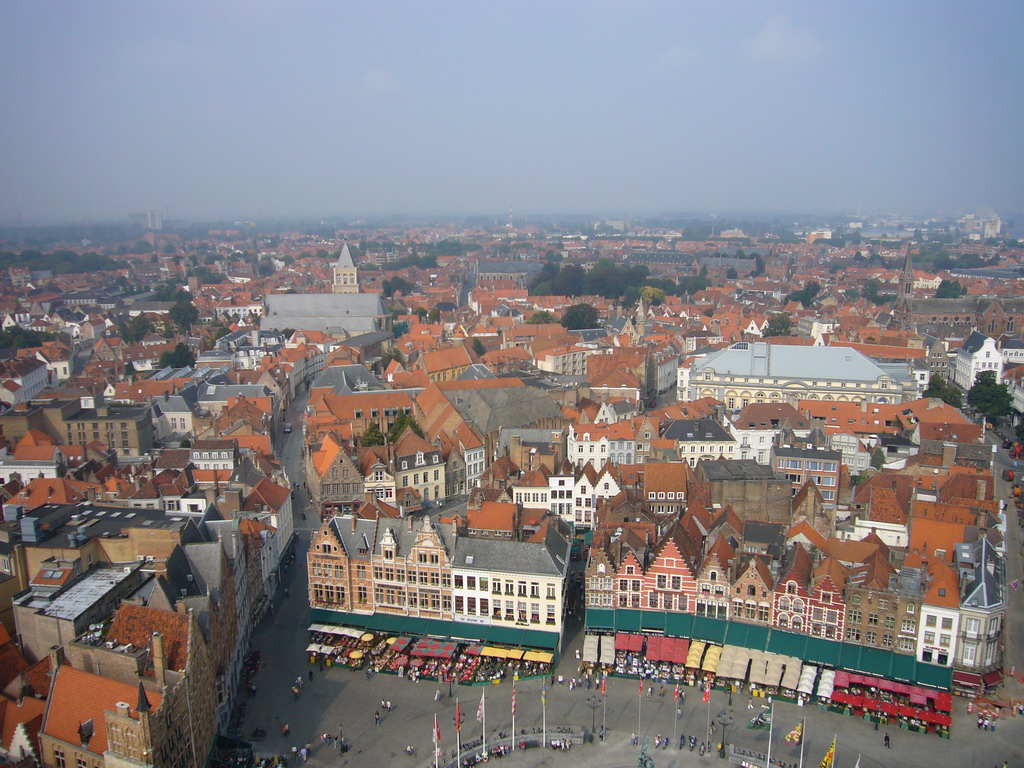 The northwest side of the city with the Markt square, the Saint Jacob`s church and the Stadsschouwburg Brugge theatre, viewed from the top floor of the Belfort tower