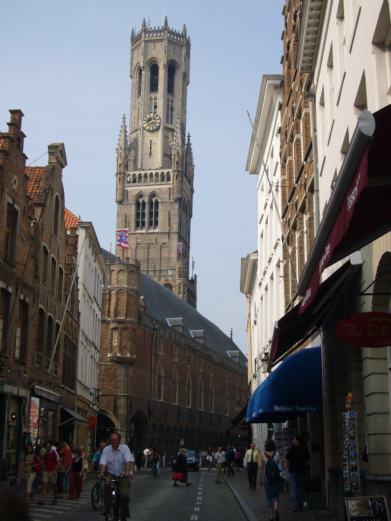 The Wollestraat street and the southeast side of the Belfort building and tower