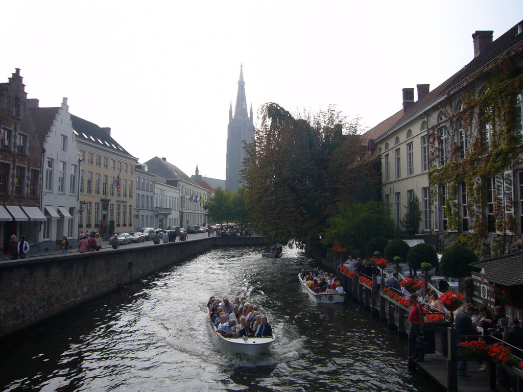 Boats in the Dijver canal and the Church of Our Lady, viewed from the Nepomucenusbrug bridge