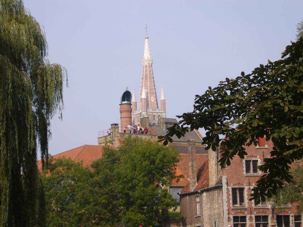 The tower of the Church of Our Lady, viewed from the tour boat on the Bakkersrei canal