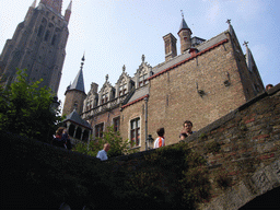 East side and tower of the Church of Our Lady, and the south side of the Gruuthusemuseum, viewed from the tour boat on the Bakkersrei canal