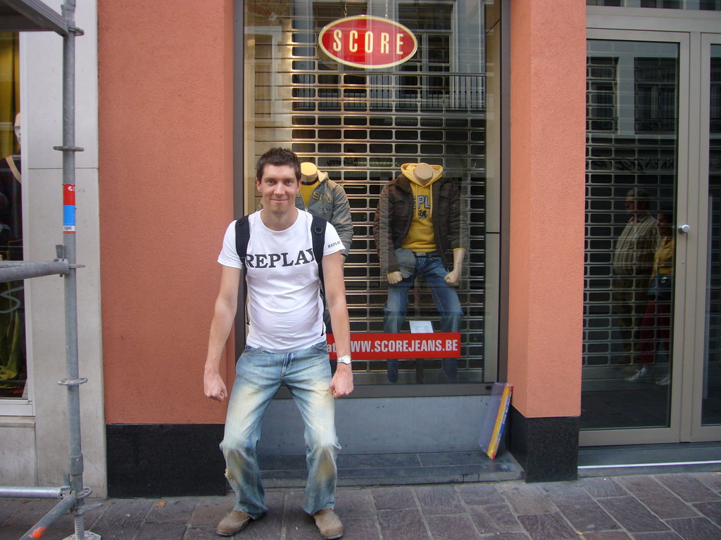Tim in front of the Score Jeans store at the Steenstraat street
