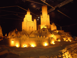 Sand sculpture of the city center with the Belfort tower, at the Sand Sculpture Festival at the Stationspark