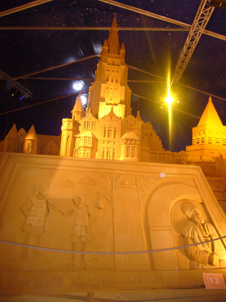 Sand sculptures of a relief and the Church of Our Lady, at the Sand Sculpture Festival at the Stationspark