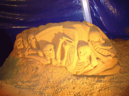 Sand sculpture of skeletons and shields, at the Sand Sculpture Festival at the Stationspark