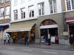 Front of the Torture Museum Oude Steen and a chocolate shop at the Wollestraat street