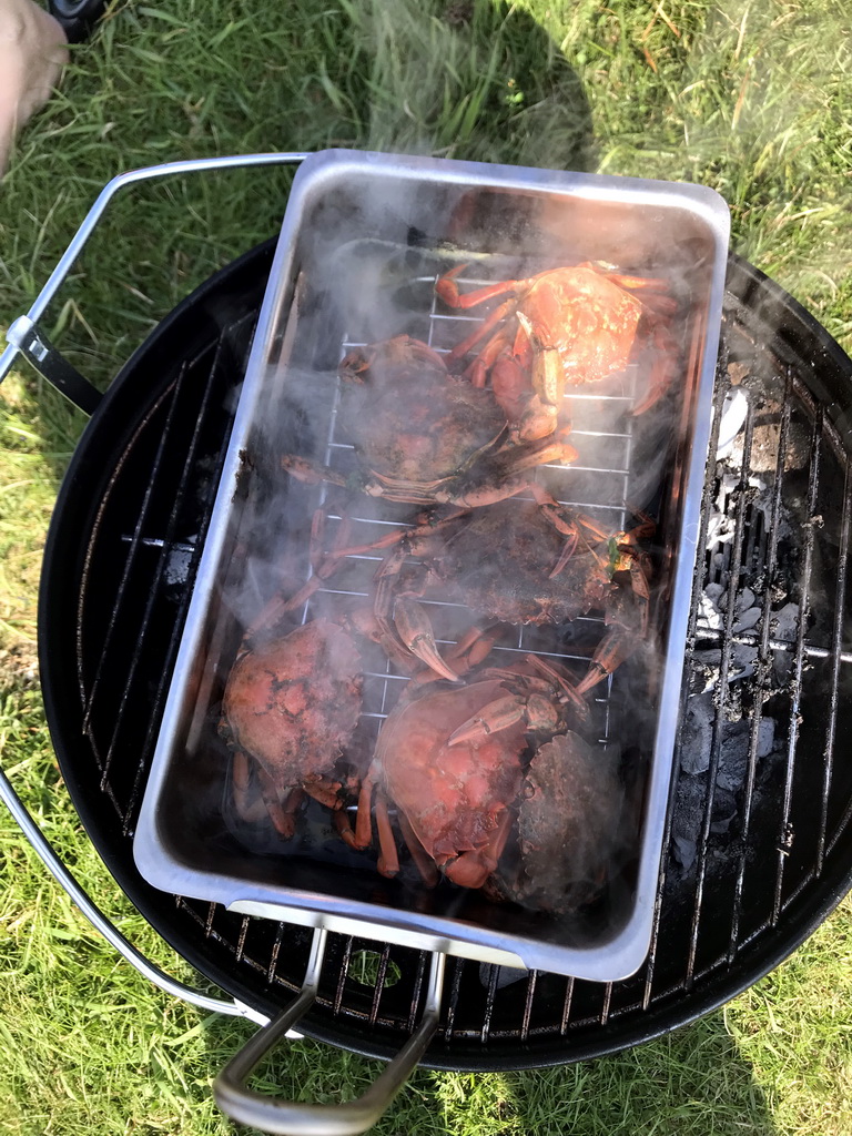 Crabs being cooked on a barbecue at the northwest side of the Grevelingendam