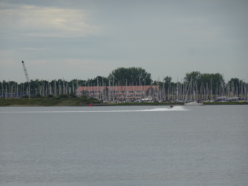 The Grevelingenmeer lake and the Jachthaven harbour, viewed from the northwest side of the Grevelingendam