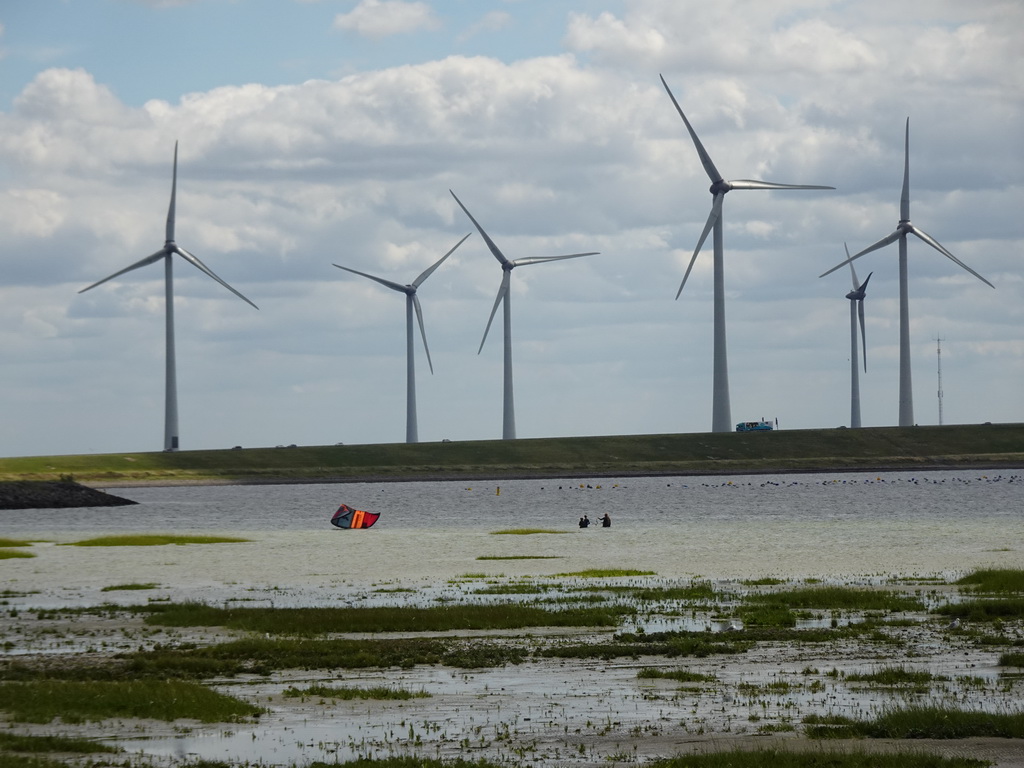 Kite surfers at the beach at the southeast side of the Grevelingendam