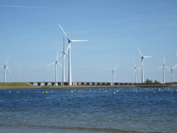 Windmills, the Krammer lake and the Philipsdam, viewed from the beach at the southeast side of the Grevelingendam