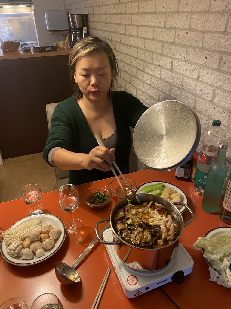 Miaomiao with hotpot in the living room at the ground floor of our apartment at Holiday Park AquaDelta