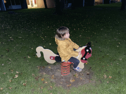 Max on a rocking horse at the playground in front of our apartment at Holiday Park AquaDelta