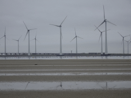 Windmills, the Krammer lake and the beach at the south side of the Grevelingendam