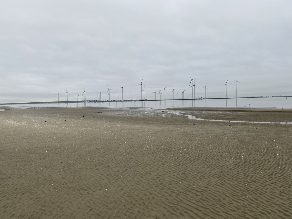 Windmills, the Krammer lake and the beach at the south side of the Grevelingendam