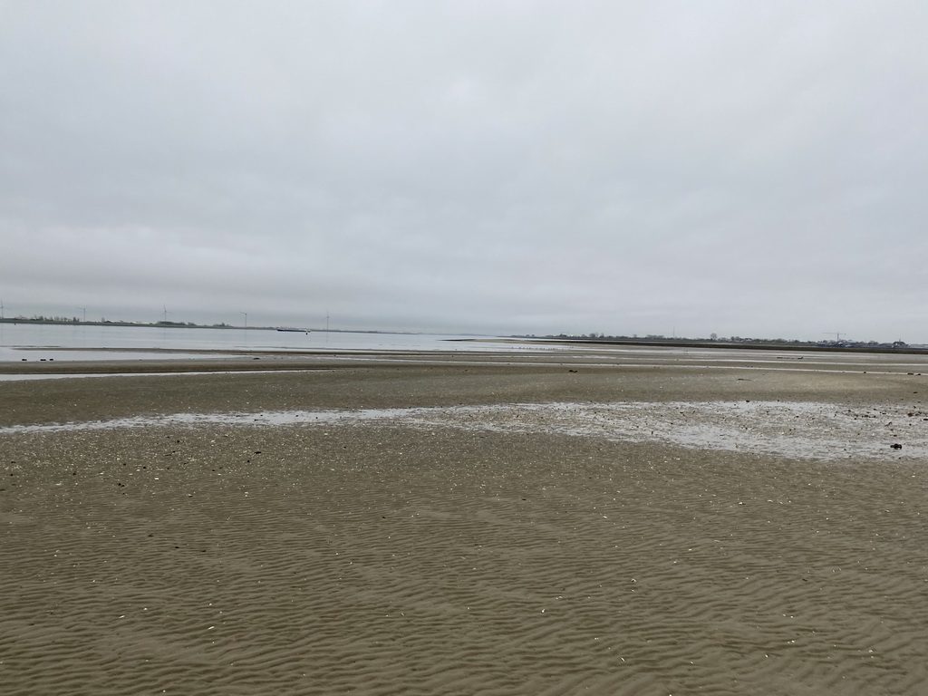 Windmills, the Krammer lake and the beach at the south side of the Grevelingendam