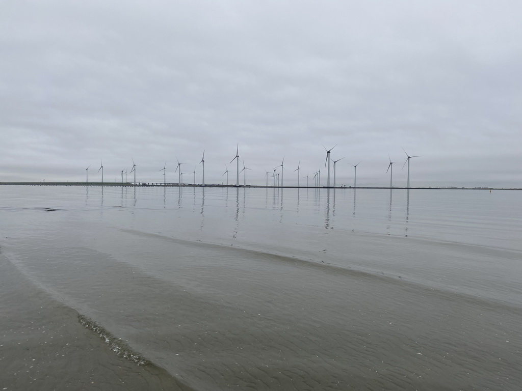 Windmills, the Krammer lake and the beach at the south side of the Grevelingendam