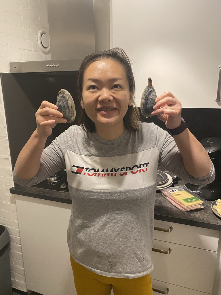 Miaomiao with seashells at the kitchen at the ground floor of our apartment at Holiday Park AquaDelta