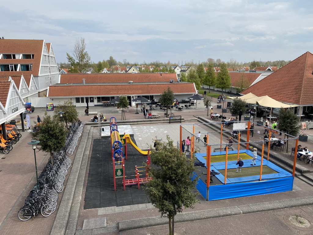 The central square of Holiday Park AquaDelta, viewed from the balcony of the upper floor of our apartment