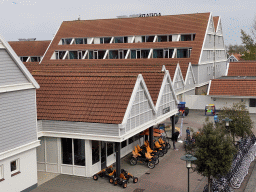 Front of the bike hire building and the supermarket at Holiday Park AquaDelta, viewed from the balcony of the upper floor of our apartment