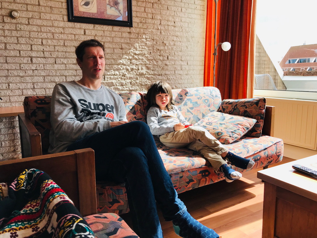 Tim and Max playing with the Nintendo Switch in the living room at the upper floor of our apartment at Holiday Park AquaDelta