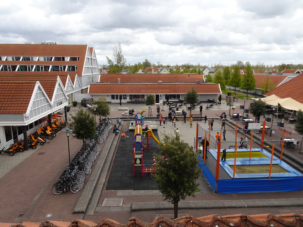 The mascot Koos Konijn at the central square of Holiday Park AquaDelta, viewed from the balcony of the upper floor of our apartment