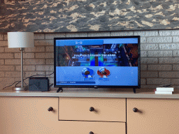 TV screen with the Nintendo Switch game `Overcooked! 2` in the living room at the upper floor of our apartment at Holiday Park AquaDelta