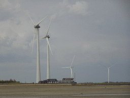 The beach, windmills and the Restaurant Grevelingen at the south side of the Grevelingendam