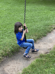 Max on a zip line at the playground of the Kreek op Aquadelta holiday park