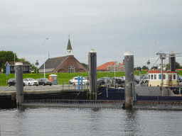 The town center with the Gereformeerde Kerk Bruinisse church, viewed from the Seal Safari boat in the Harbour of Bruinisse