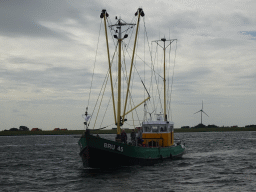 The Bru 45 boat on the Zijpe estuary, viewed from the Seal Safari boat