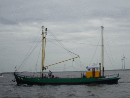 The Bru 45 boat on the Zijpe estuary, viewed from the Seal Safari boat