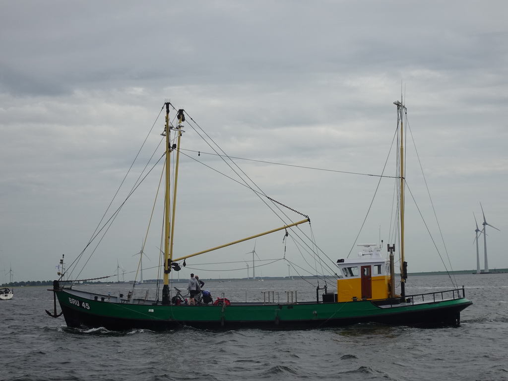 The Bru 45 boat on the Zijpe estuary, viewed from the Seal Safari boat